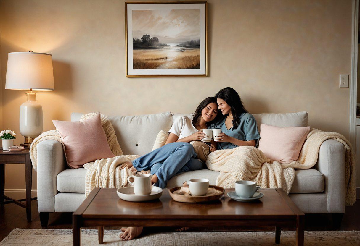 A cozy living room scene featuring a couple snuggled on a plush sofa, surrounded by soft blankets and warm lighting. A steaming cup of tea sits on a small coffee table, with gentle smiles and tender touches exchanging between them. Faint shadows of heart shapes are cast on the walls, symbolizing intimacy. The atmosphere is inviting and warm, evoking feelings of comfort and connection. super-realistic. soft colors. warm lighting.