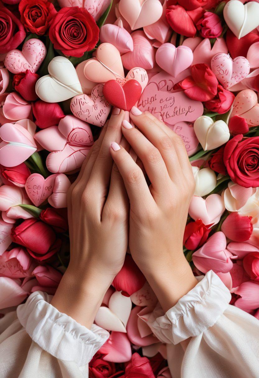 A close-up of two hands gently touching, surrounded by soft pink and red hearts, symbolizing love and connection. Delicate flowers like roses and tulips softly frame the hands, and a warm glow surrounds the scene, evoking feelings of affection and intimacy. Include handwritten notes with loving messages scattered around. super-realistic. vibrant colors.