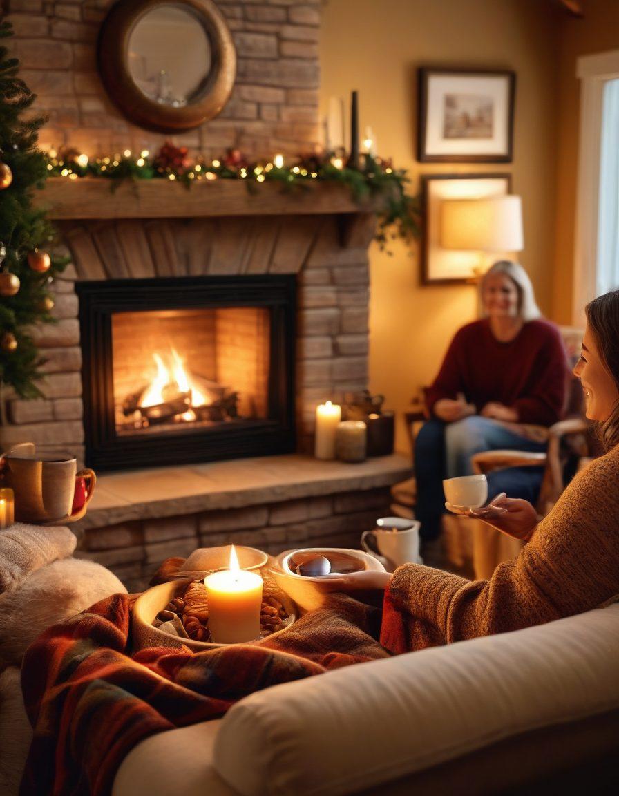 A cozy scene depicting a diverse group of friends and family gathered around a warm fireplace, sharing stories and laughter. Soft golden light fills the room, highlighting their smiling faces and the warmth of their connections. Include elements like mugs of hot cocoa, colorful blankets, and a festive atmosphere with subtle decorations. The background should be soft and inviting, creating a sense of belonging and love. super-realistic. warm tones. cozy atmosphere.